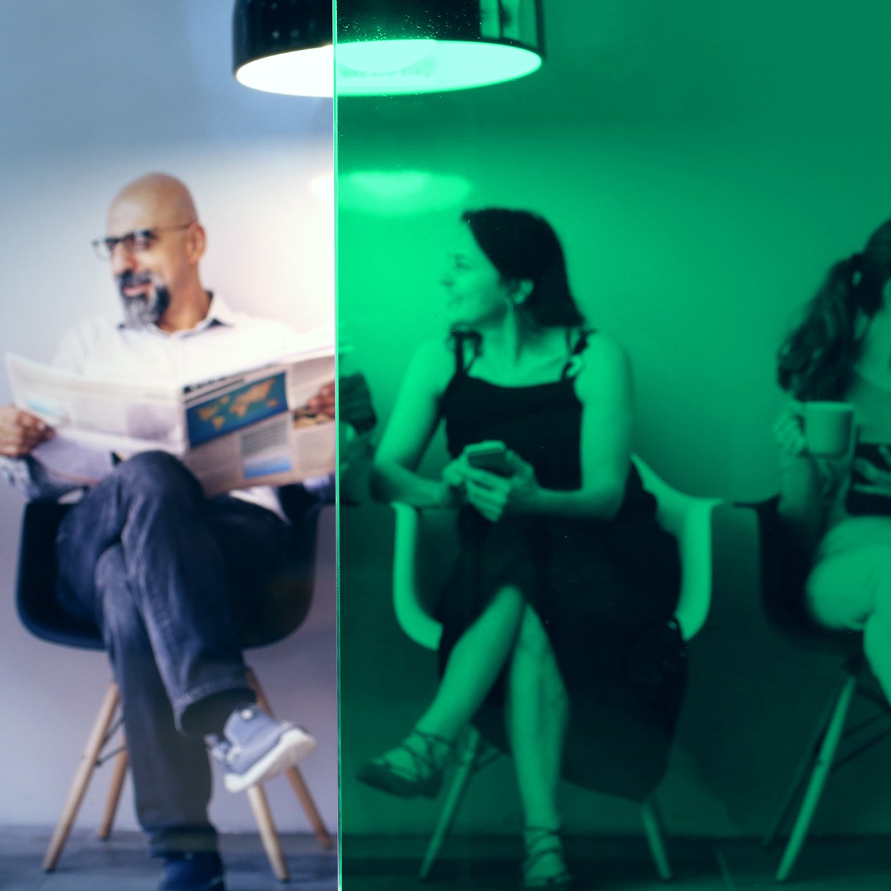 Anwendungsbild Dekorfolie CDF Green 35 grün transparent, Innenverlegung, Personen hinter Folie