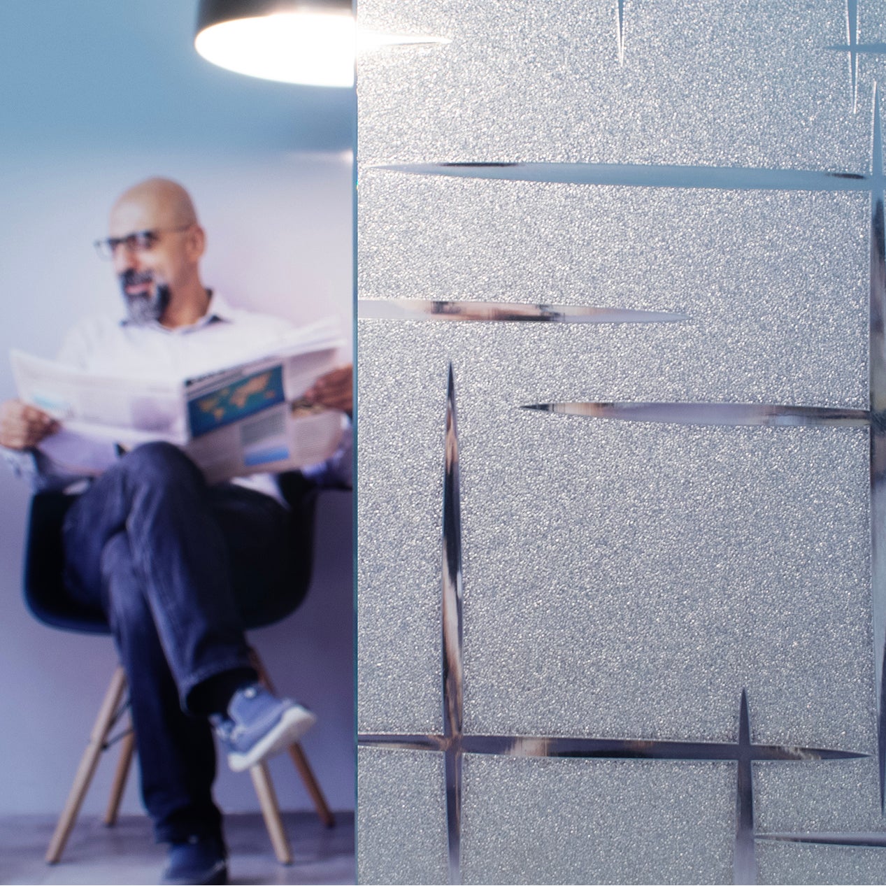 Anwendungsbild Dekorfolie CDFS 6002 Star, Adhäsionsfolie, Innenverlegung, statisch haftend, Personen hinter Folie, schneller Sichtschutz, dekorativ, Privatsphäre, kurz- und mittelfristige Anwendung