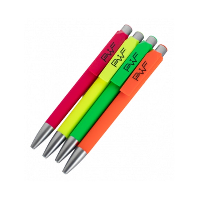 MPWFKS2 PWF Kugelschreiber in neonpink, neongelb, neongrün und neonorange nebeneinander