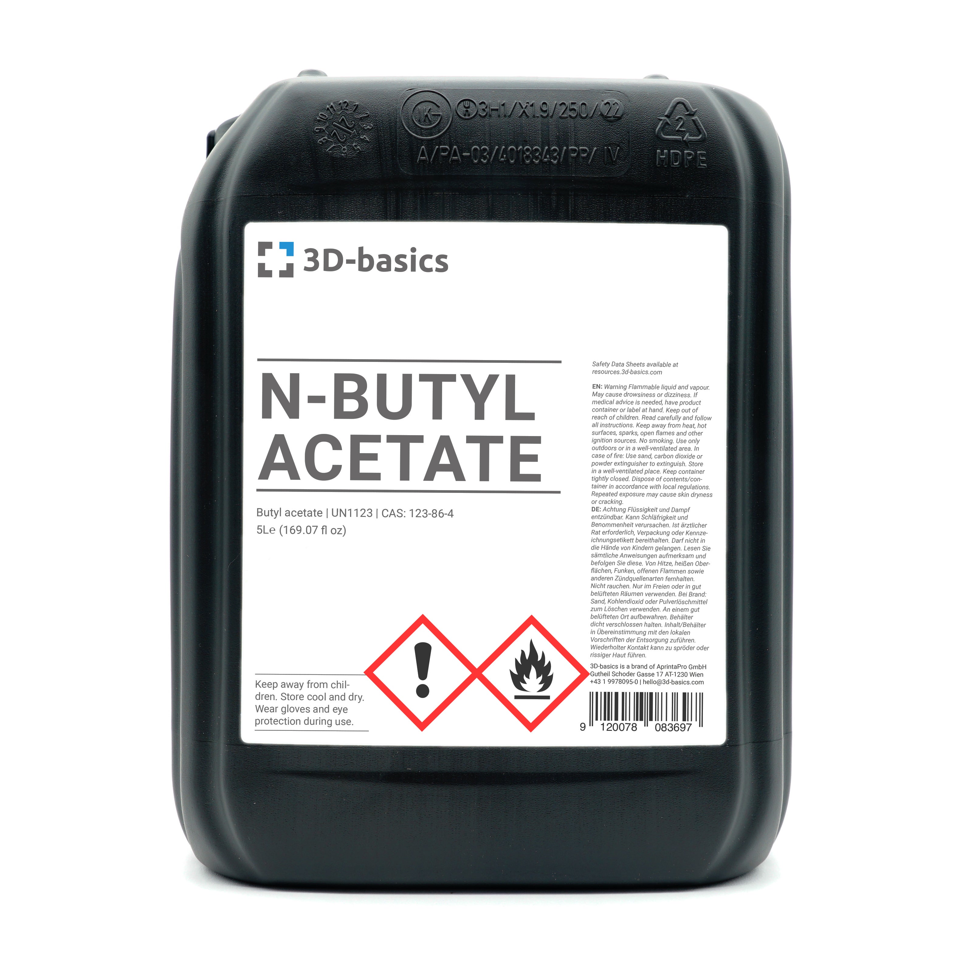 N-Butyl acetate, Solvent, Chemical container, Hazard labels, Plastic bottle