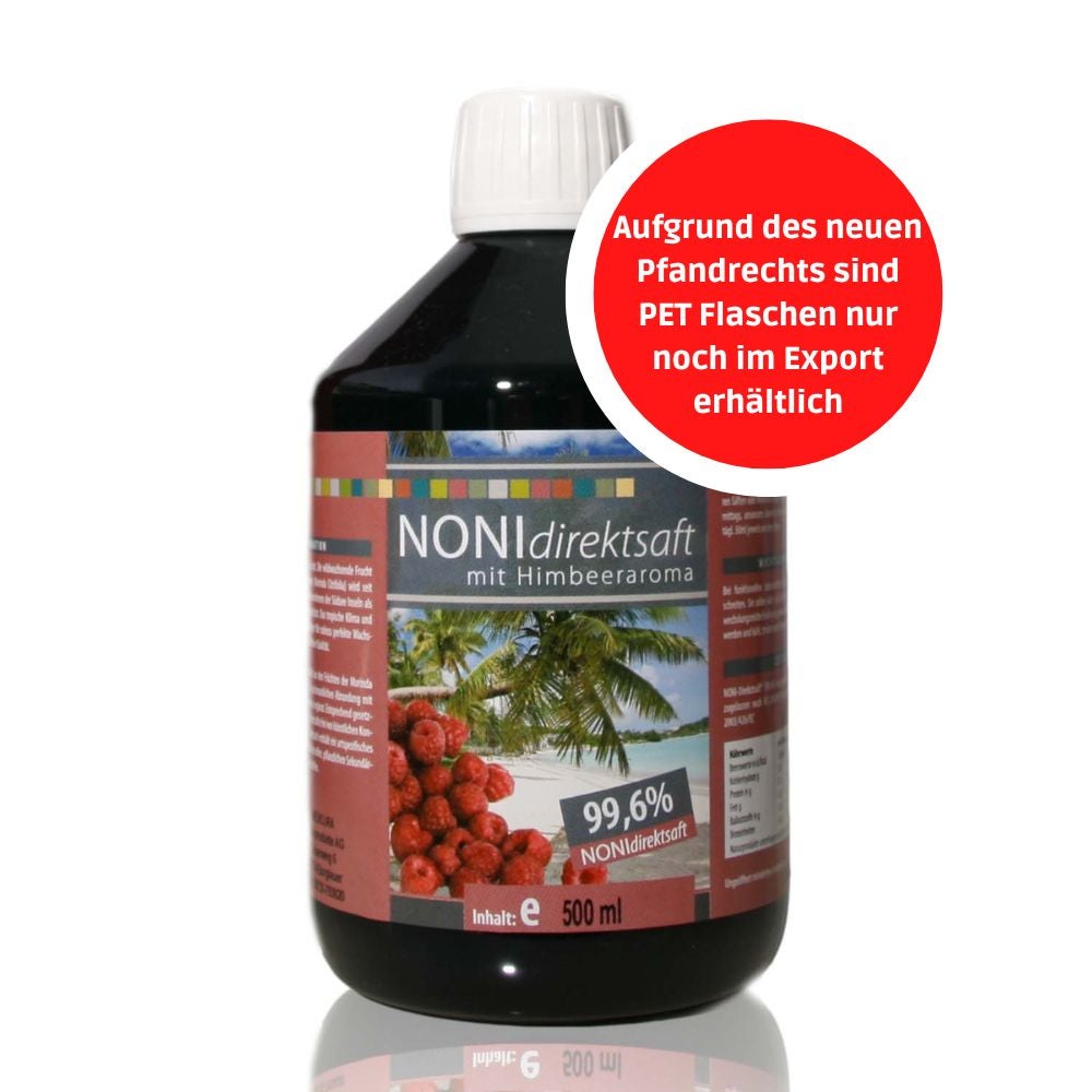 Noni Direktsaft 99,6 % mit Himbeeraroma - 500 ml PET-Flasche Noni Direktsaft 99,6 % mit Himbeeraroma - 500 ml PET-Flasche