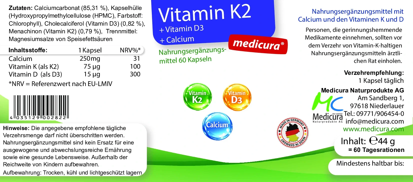 Vitamin K2 + Vitamin D3 + Calcium - 60 Kapseln