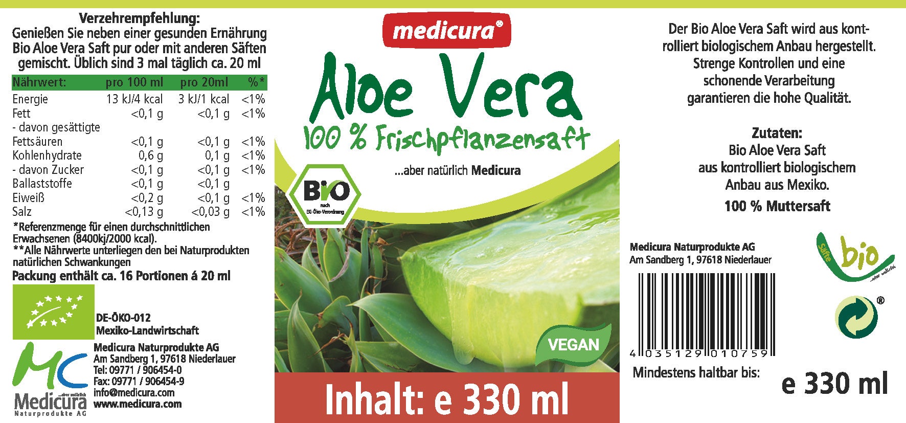 Bio Aloe Vera 100% Frischpflanzensaft - 330 ml Glasflasche