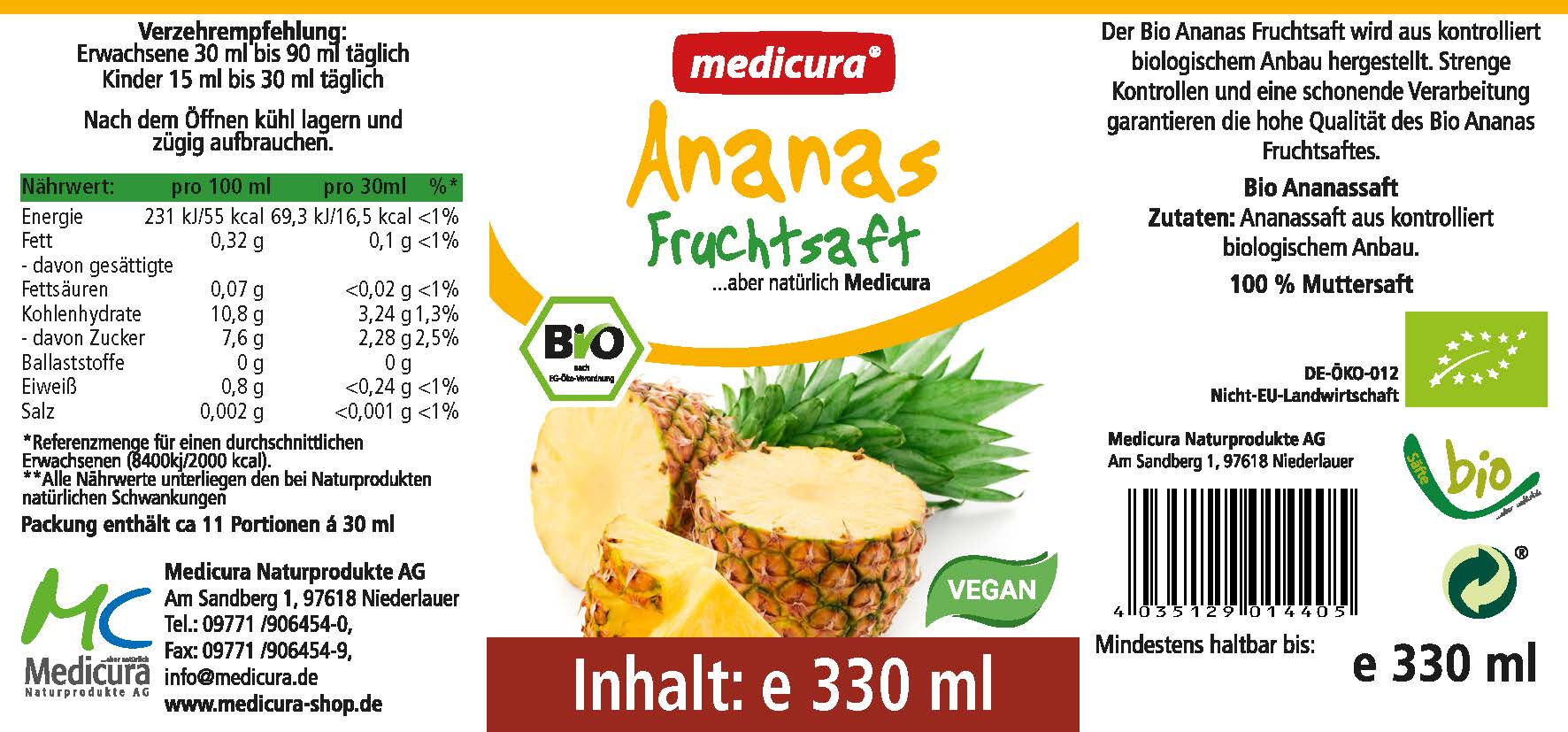 Bio Ananas 100 % Fruchtsaft - 330 ml Glasflasche