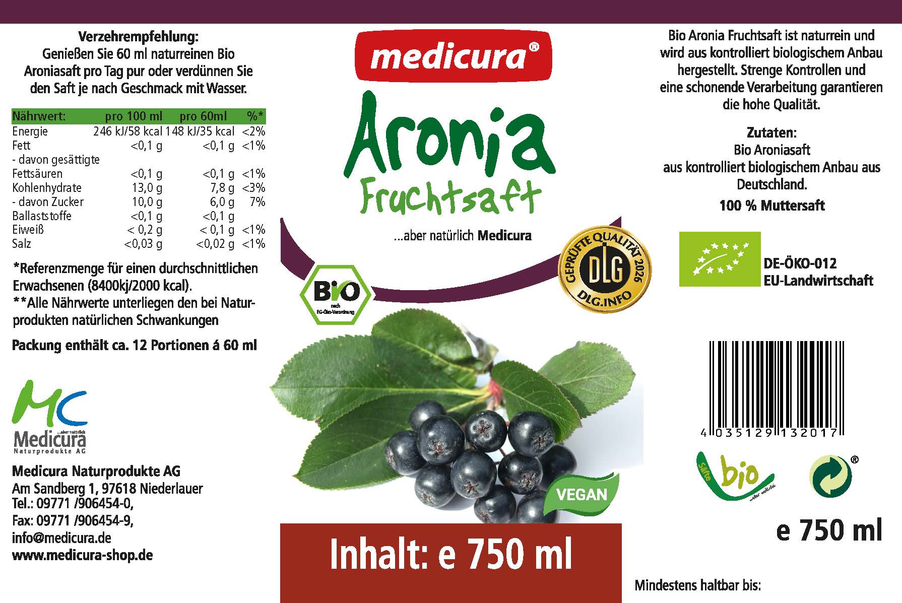 Bio Aronia 100% Fruchtsaft - 750 ml Glasflasche
