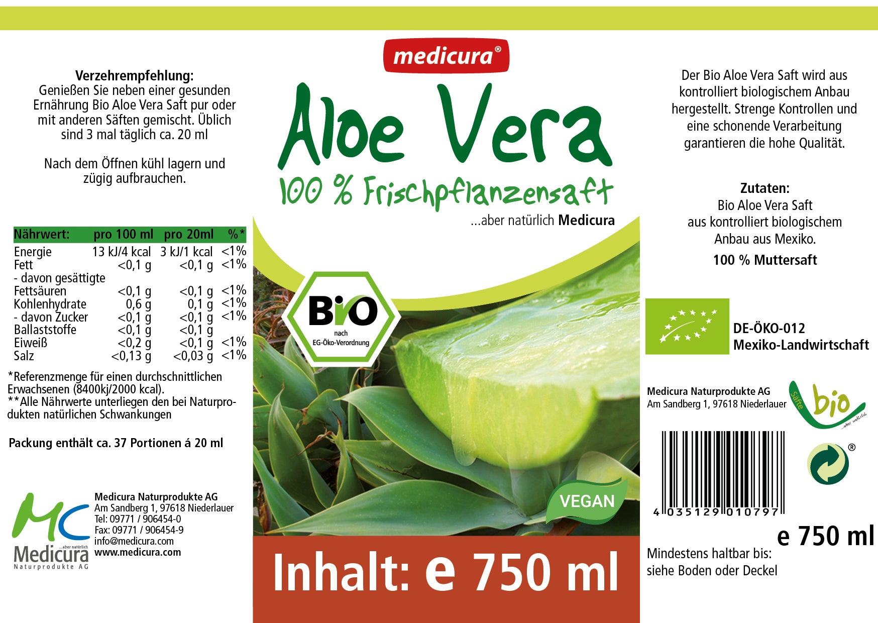 Bio Aloe Vera 100% Frischpflanzensaft - 750 ml Glasflasche