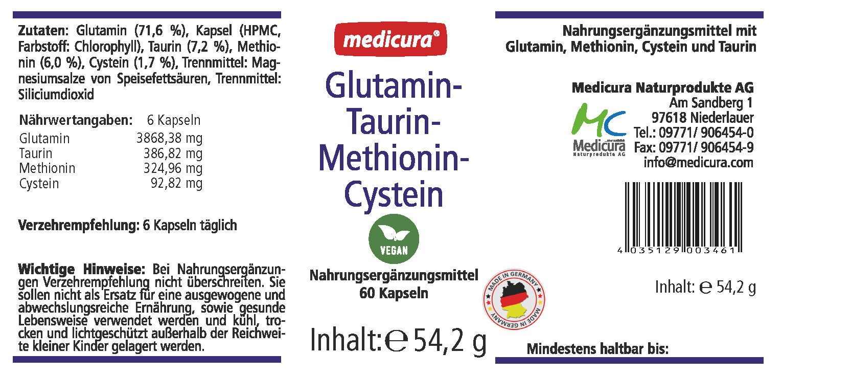 Glutamin - Methionin - Cystein - Taurin - 60 Kapseln