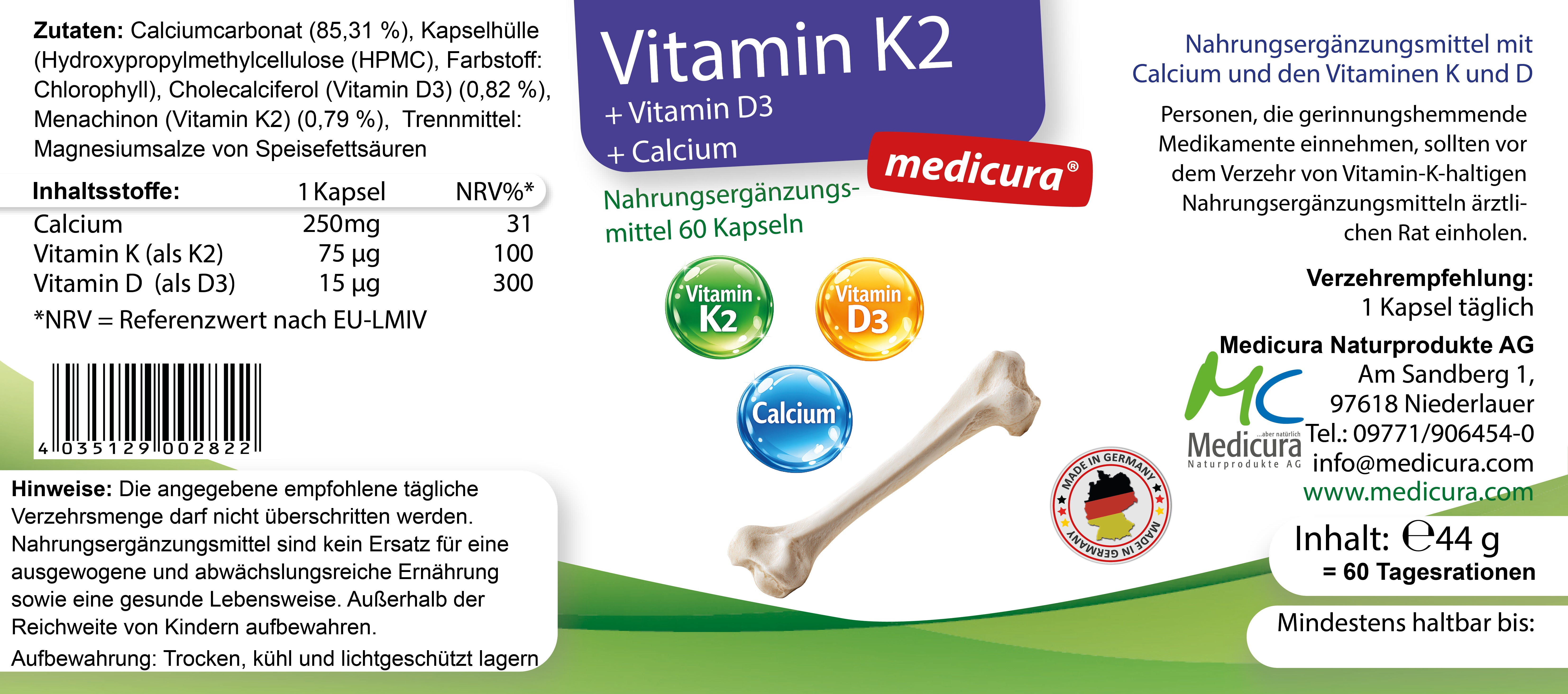 Vitamin K2 + Vitamin D3 + Calcium - 60 Kapseln
