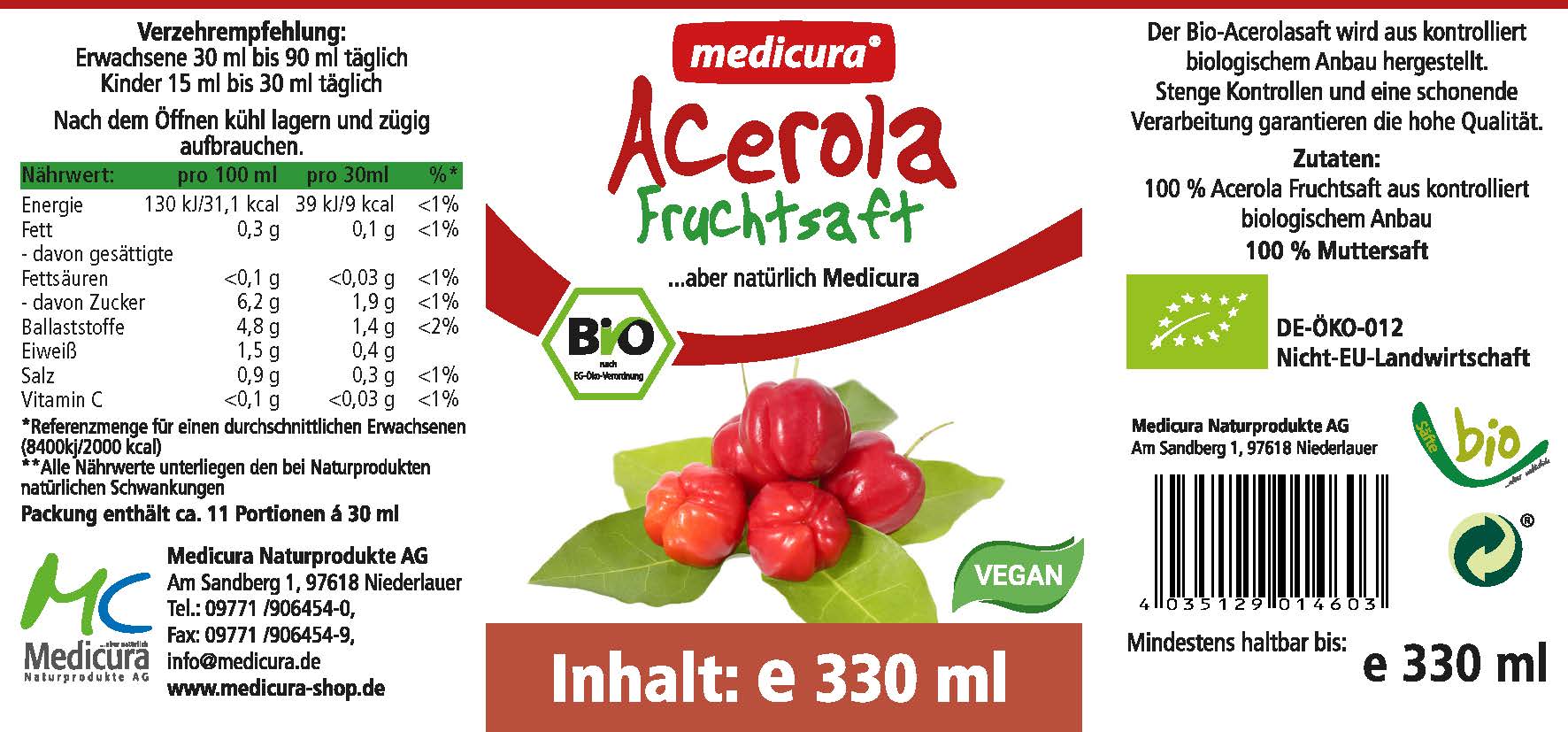 Bio Acerola 100 % Fruchtsaft - 330 ml Glasflasche