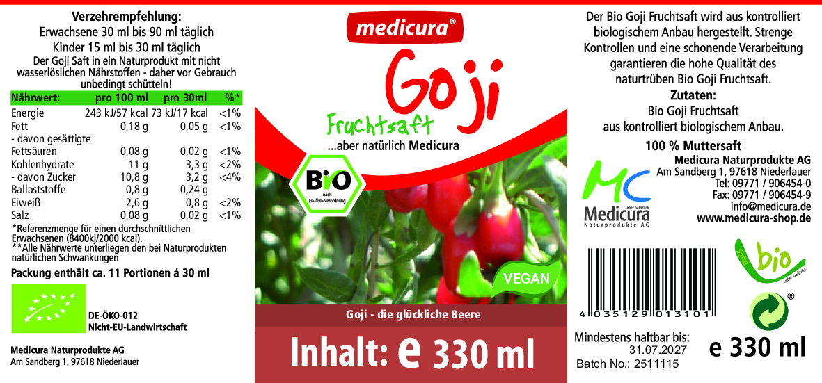 Bio Goji 100 % Fruchtsaft - 330 ml Glasflasche