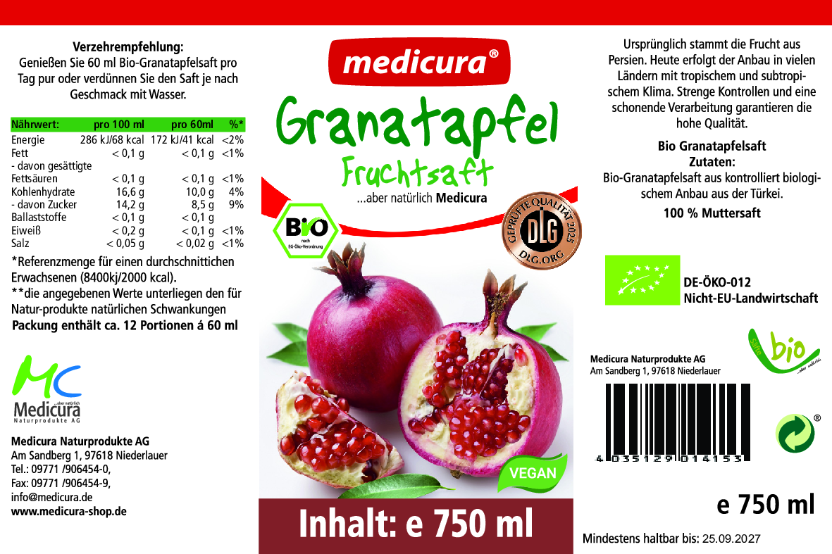 Bio Granatapfel 100% Fruchtsaft - 750 ml Glasflasche