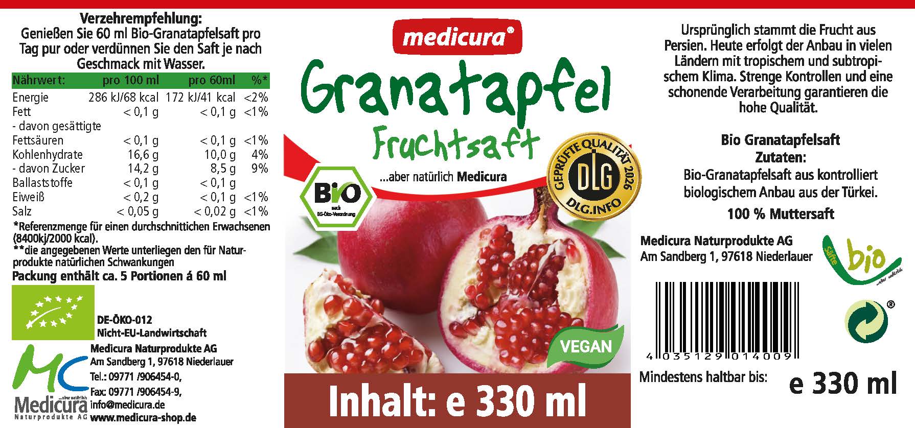Bio Granatapfel 100 % Fruchtsaft - 330 ml Glasflasche