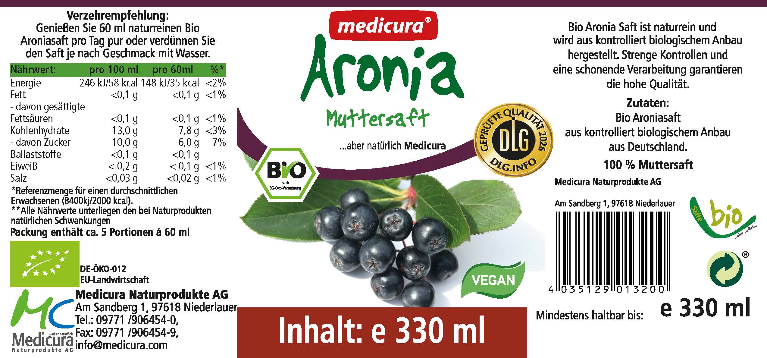 Bio Aronia 100 % Fruchtsaft - 330 ml Glasflasche