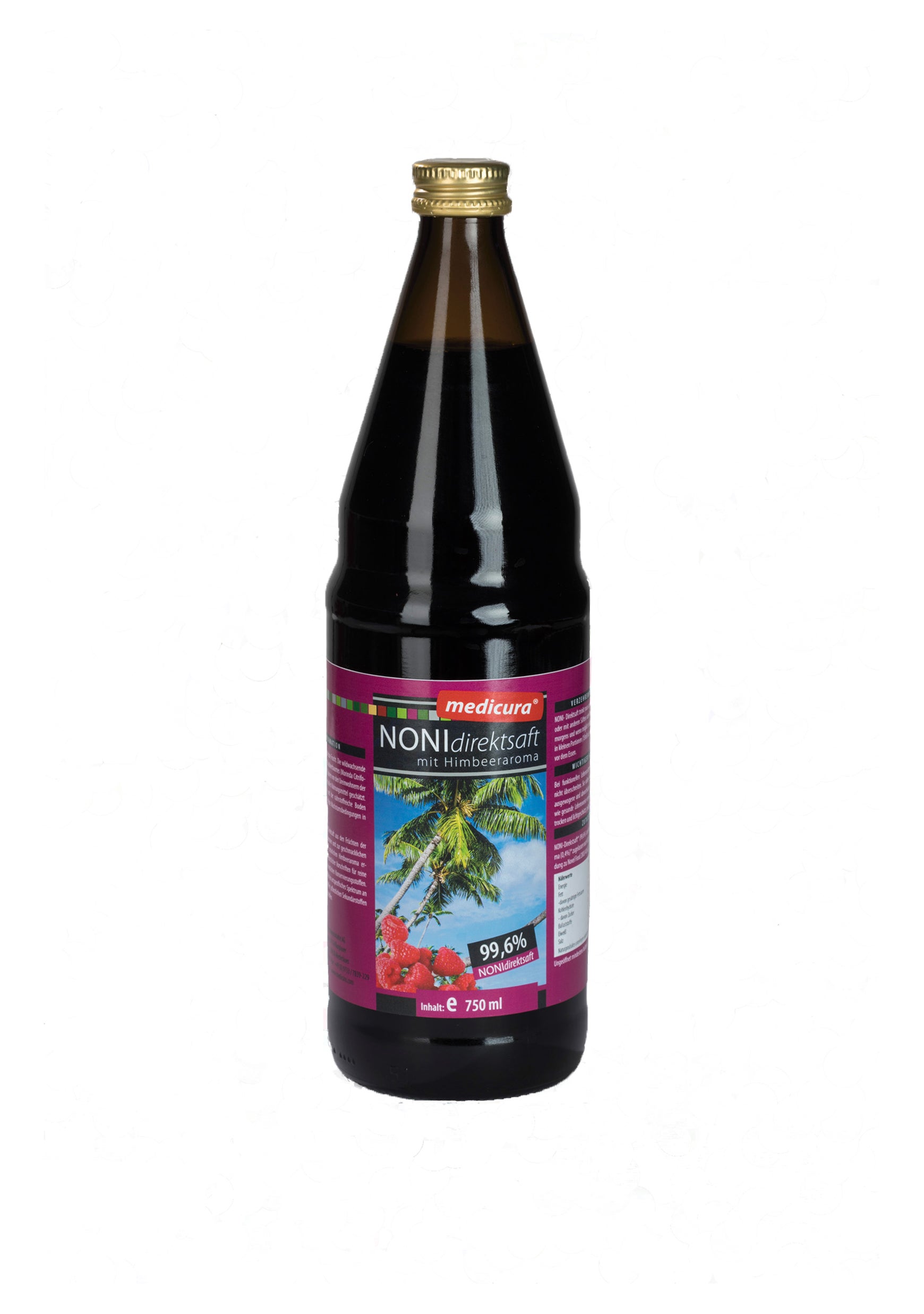 Noni 99,6 % Direktsaft mit Himbeeraroma - 750 ml Glasflasche Noni 99,6 % Direktsaft mit Himbeeraroma - 750 ml Glasflasche