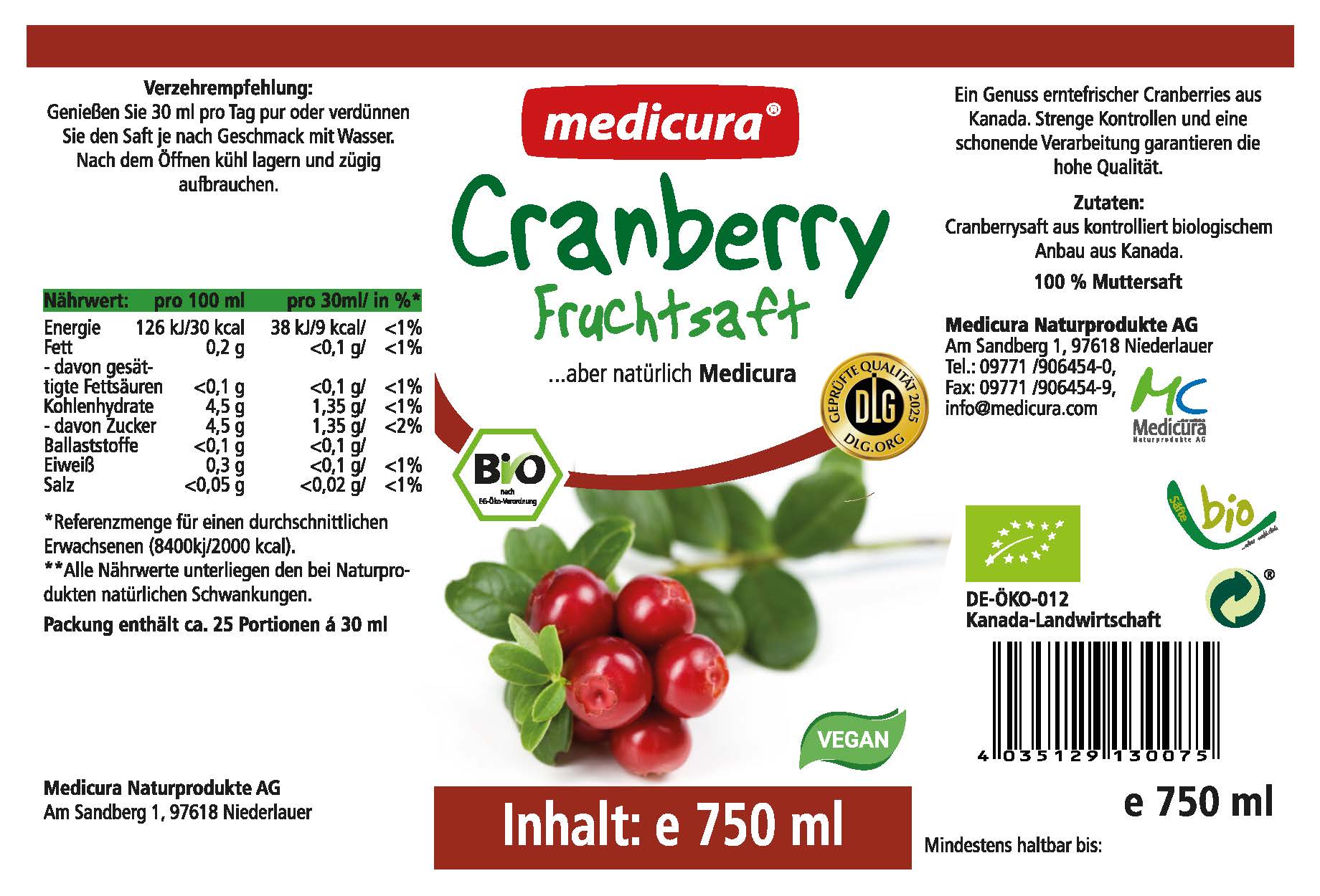 Bio Cranberry 100% Fruchtsaft - 750 ml Glasflasche