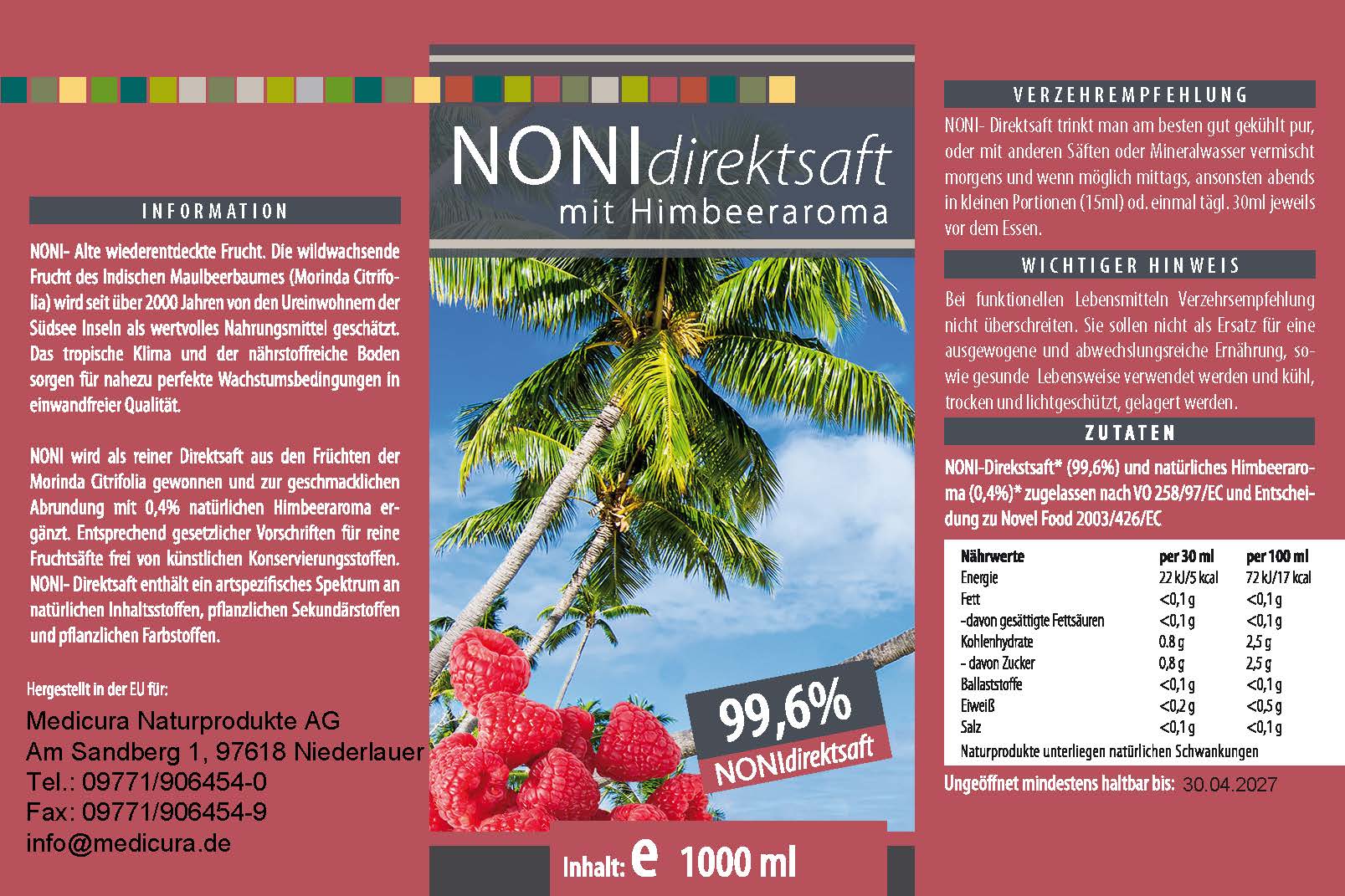Noni 99,6 % Direktsaft mit Himbeeraroma - 1000 ml PET-Flasche