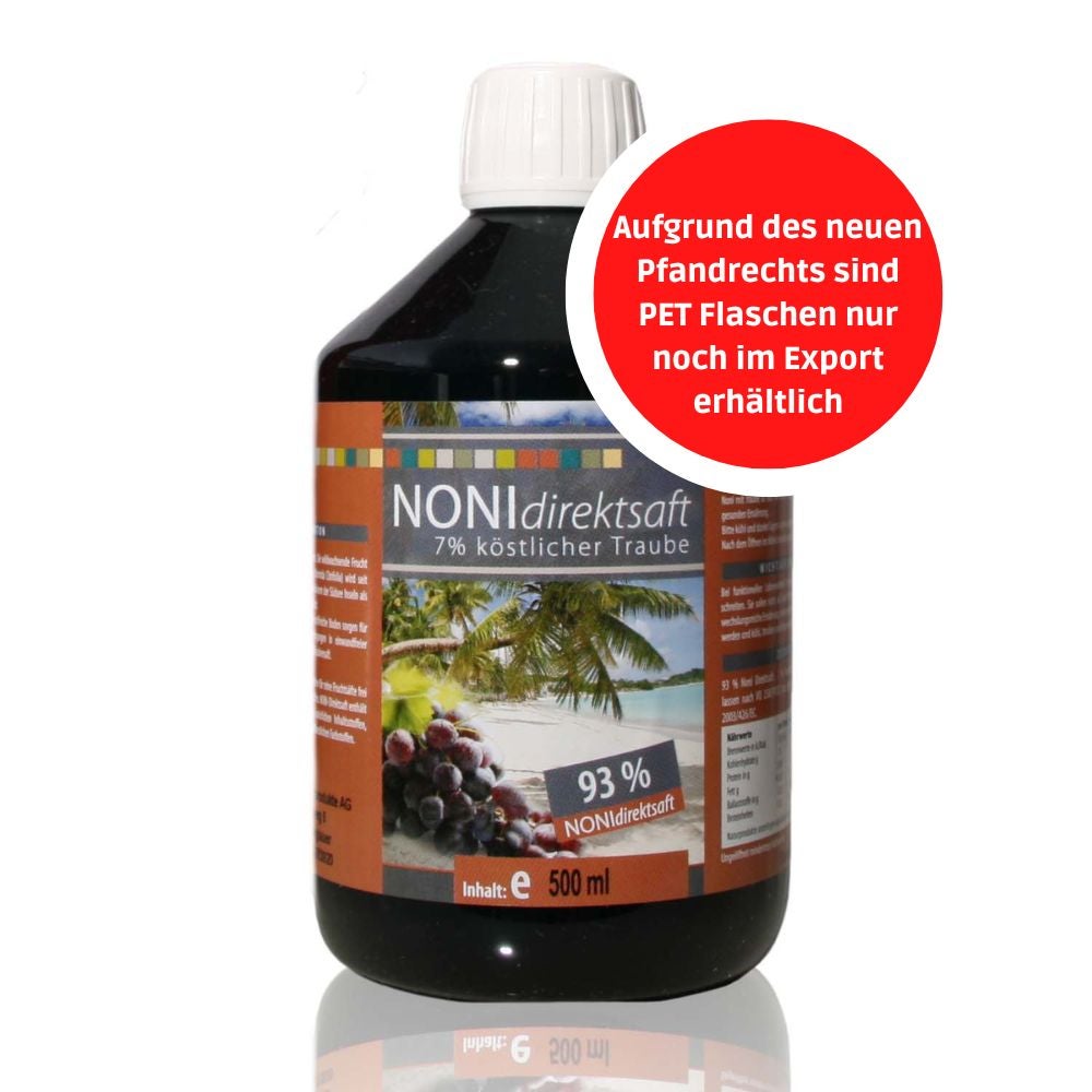 Noni Direktsaft 93 % mit Traubensaft 7 % - 500 ml PET-Flasche Noni Direktsaft 93 % mit Traubensaft 7 % - 500 ml PET-Flasche