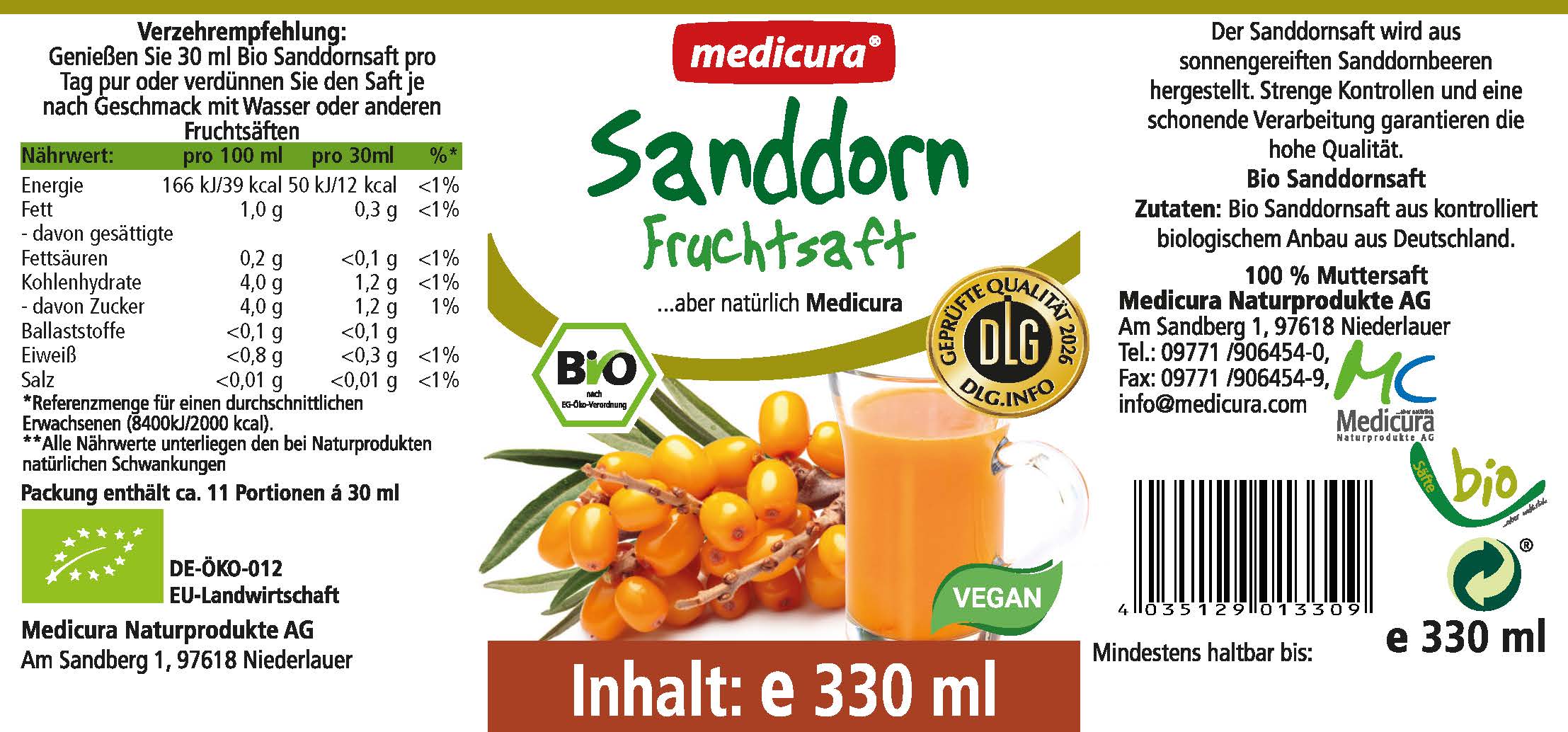 Bio Sanddorn 100 % Fruchtsaft - 330 ml Glasflasche
