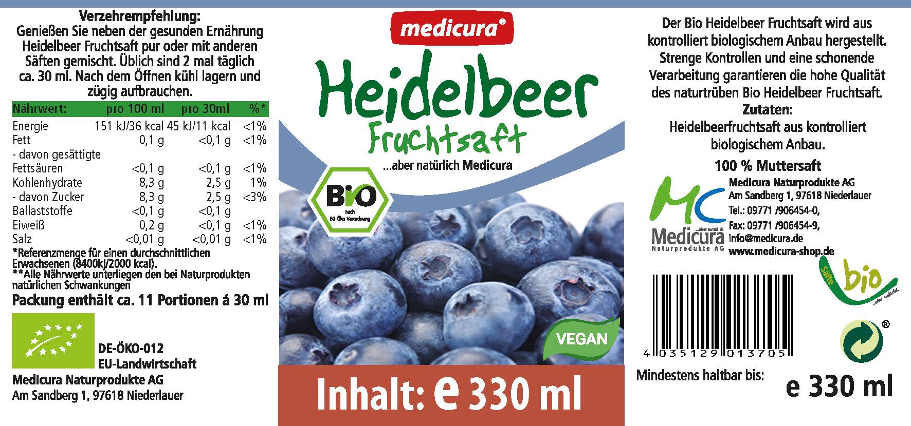 Bio Heidelbeer 100 % Fruchtsaft - 330 ml Glasflasche