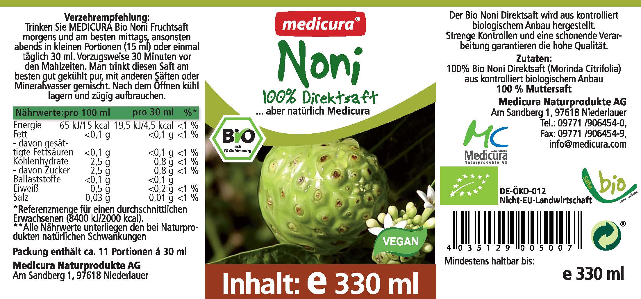 Bio Noni 100 % Direktsaft  - 330 ml Glasflasche