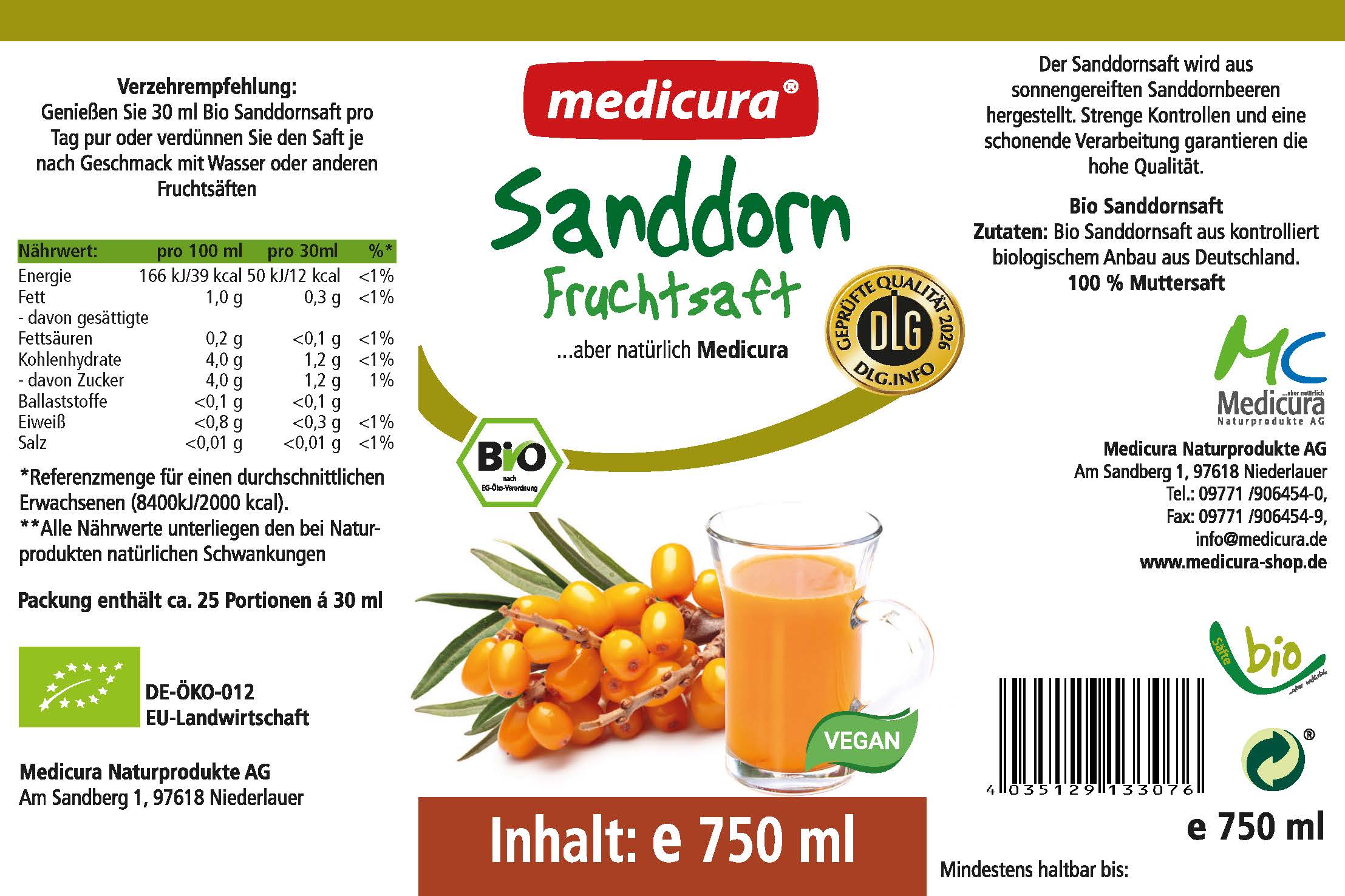 Bio Sanddorn 100% Fruchtsaft - 750 ml Glasflasche