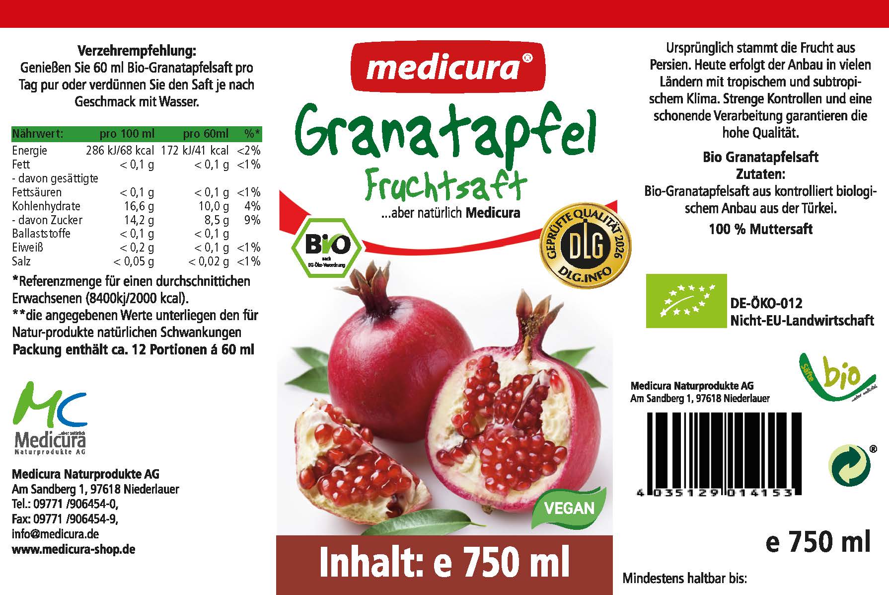 Bio Granatapfel 100% Fruchtsaft - 750 ml Glasflasche