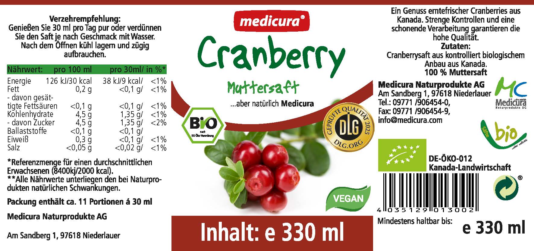 Bio Cranberry 100 % Fruchtsaft - 330 ml Glasflasche