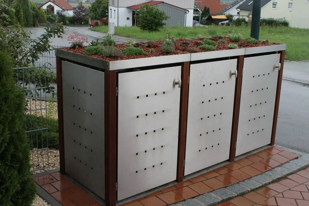 MB6 3er Mülltonnenbox Holz - Edelstahl 120 / 240 Liter