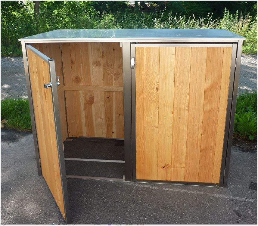 MB7 2er Mülltonnenbox Holz - Edelstahl 120 / 240 Liter