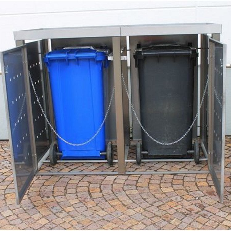 MB5 2er Mülltonnenbox Holz - Edelstahl 120 / 240 Liter offen