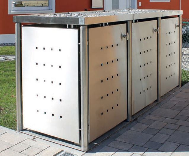 Edelstahl-mit-Rundpfosten MB4 3er Mülltonnenbox Edelstahl 120 / 240 Liter