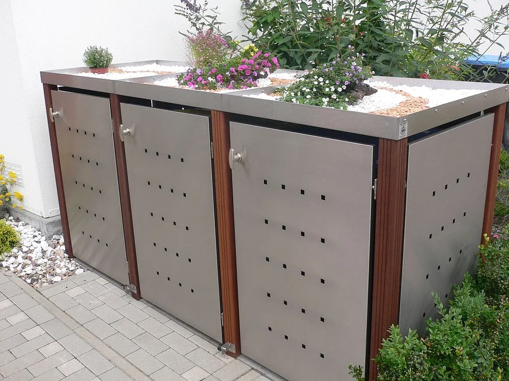 MB6 3er Mülltonnenbox Holz - Edelstahl 120 / 240 Liter