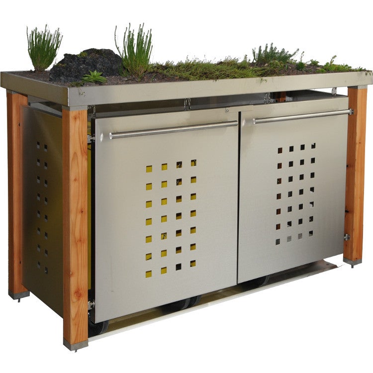 mb18_malltonnenbox_larcheedelstahl MB18 3er Mülltonnenbox Lärche/Edelstahl 120/240 Liter mit Pflanzwanne