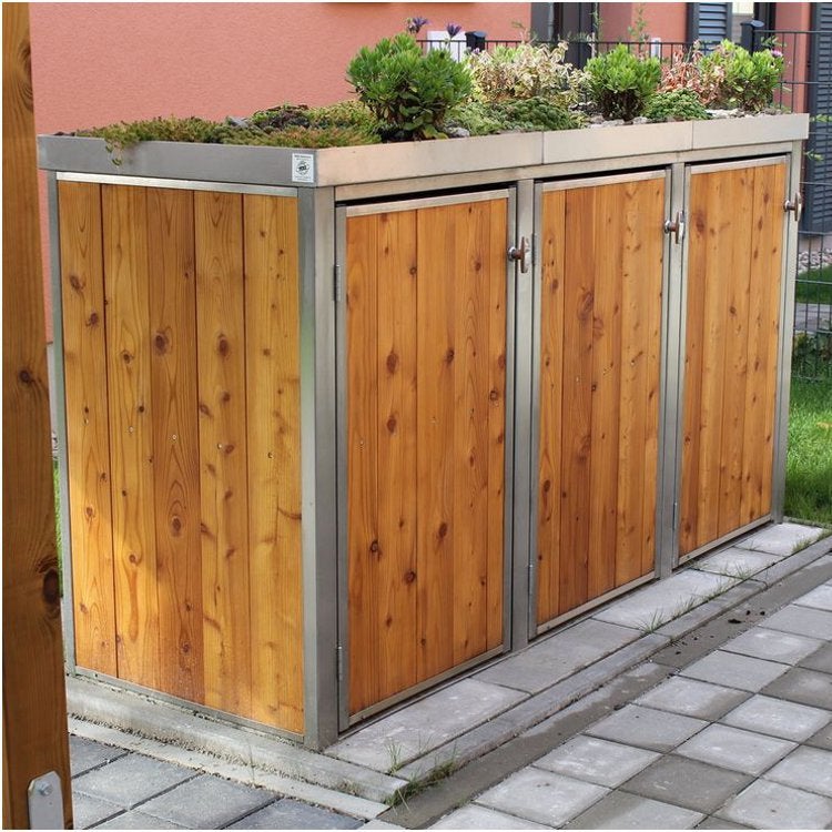 3er_muelltonnenbox_mit_pflanzschale MB8 3er Mülltonnenbox Holz - Edelstahl 120 / 240 Liter