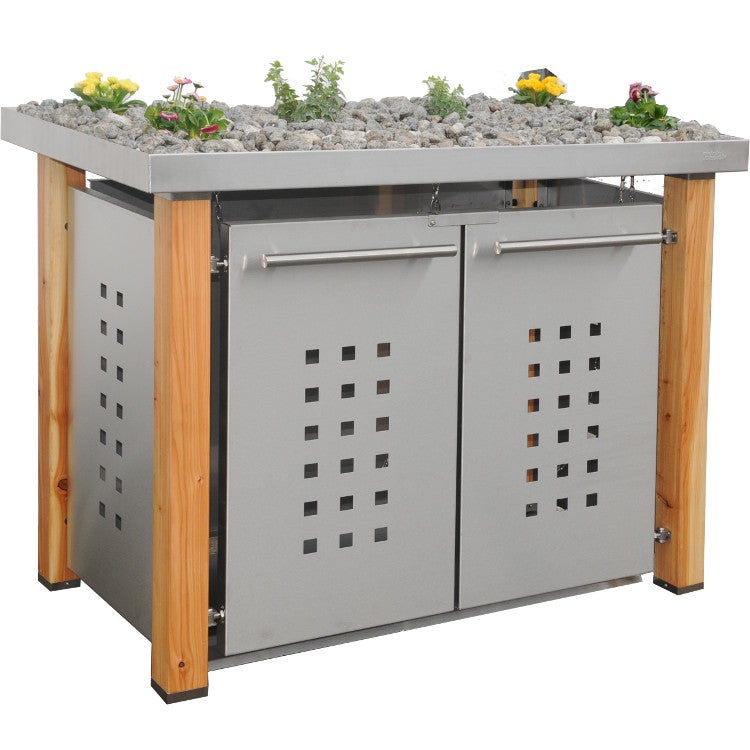MB17 2er Mülltonnenbox Lärche/Edelstahl 120/240 Liter mit Pflanzwanne