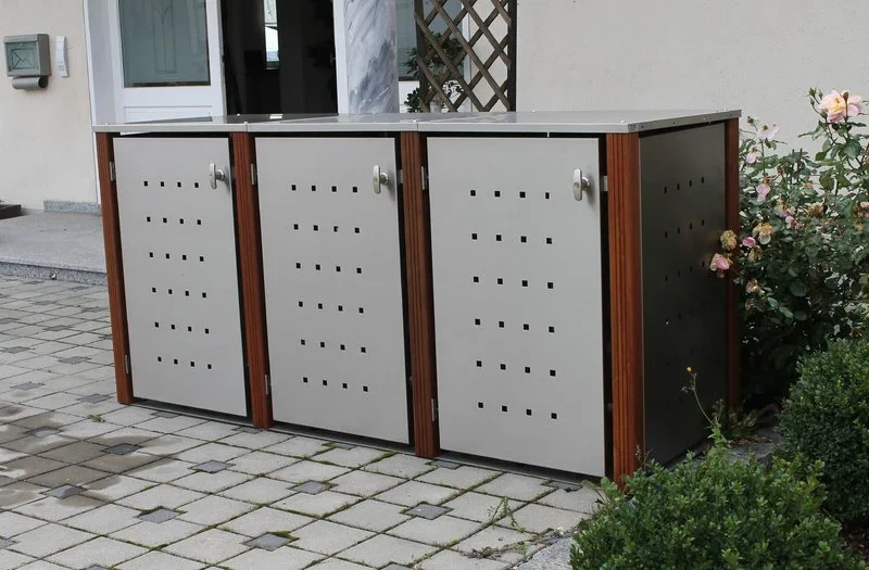 MB6 3er Mülltonnenbox Holz - Edelstahl 120 / 240 Liter