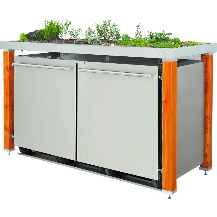 mb20-1_malltonnenbox_larcheedelstahl_120240_liter MB20 3er Mülltonnenbox Lärche/Edelstahl 120/240 Liter mit Pflanzdach