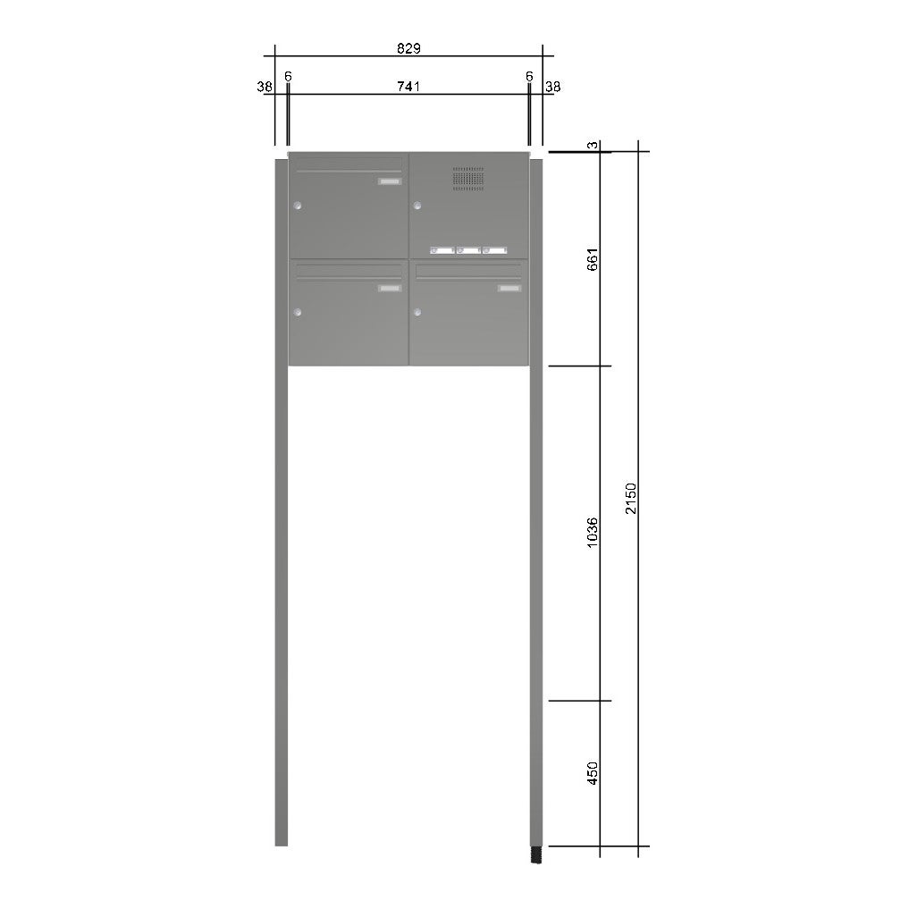 3er Briefkasten freistehend mit Klingel AS3 RAL 9077 Graualuminium