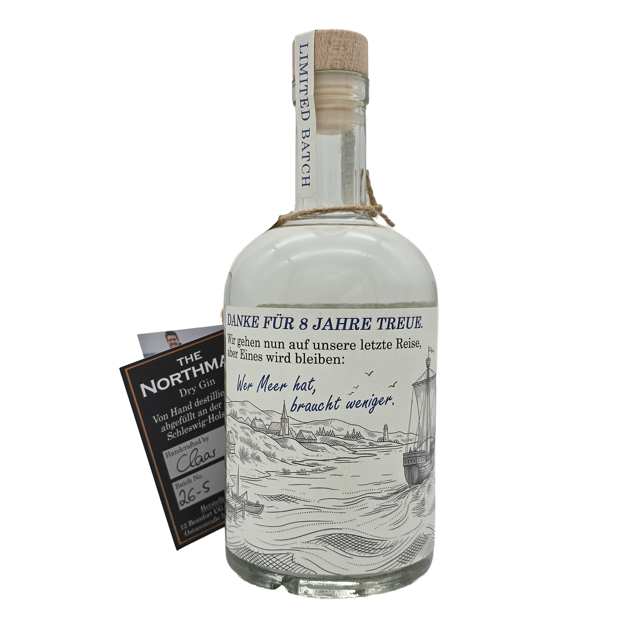Gin, Limited Batch, Weiße Flasche, Meeres-Szene, Etikettentext