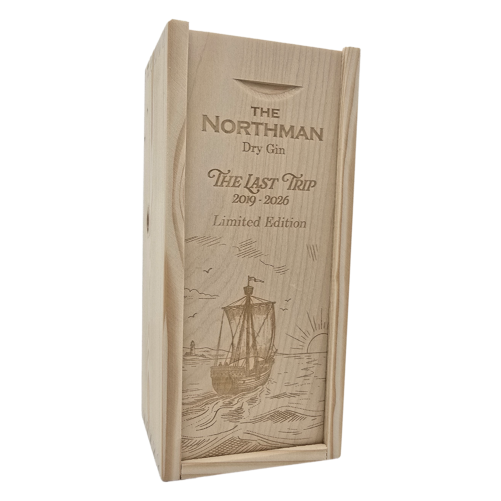 Holzbox, Gin-Flasche, The Last Trip, Limited Edition, Holzgravur