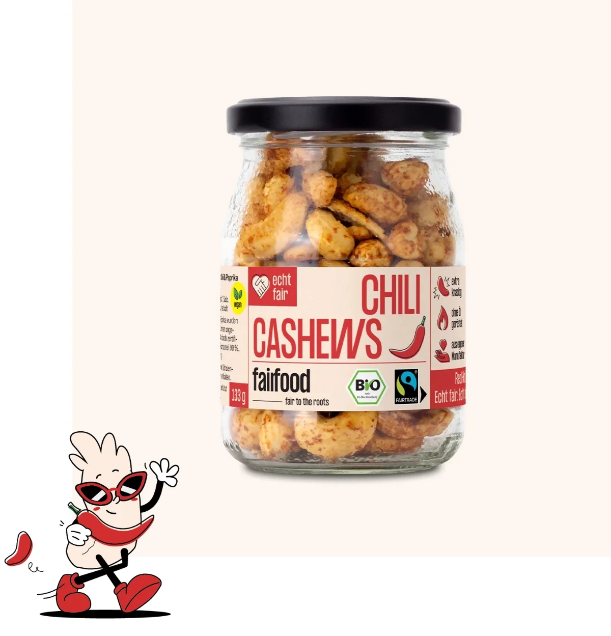 Glas Chili Cashew und illustriertes Cashew Maskottchen