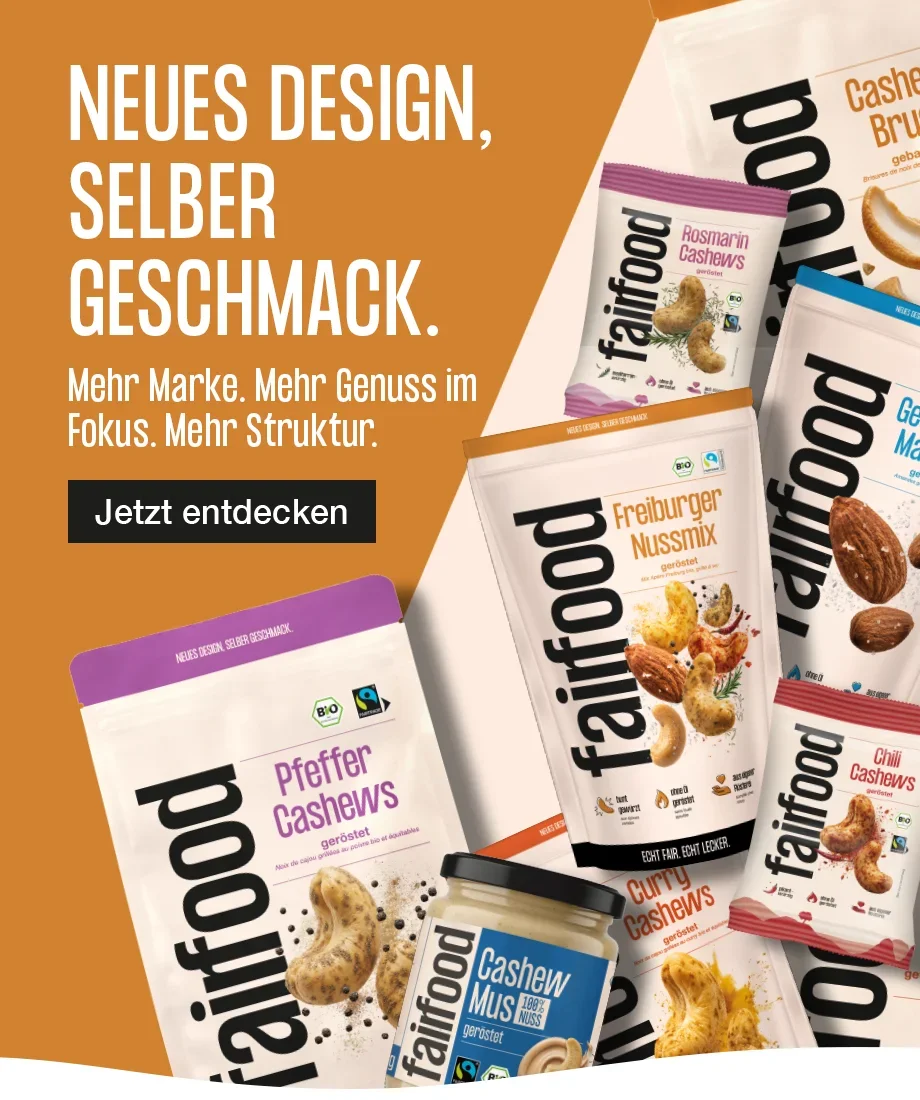Neues Design, selber Geschmack. Viele fairfood Packagings im neuen modernen cleaneren Design