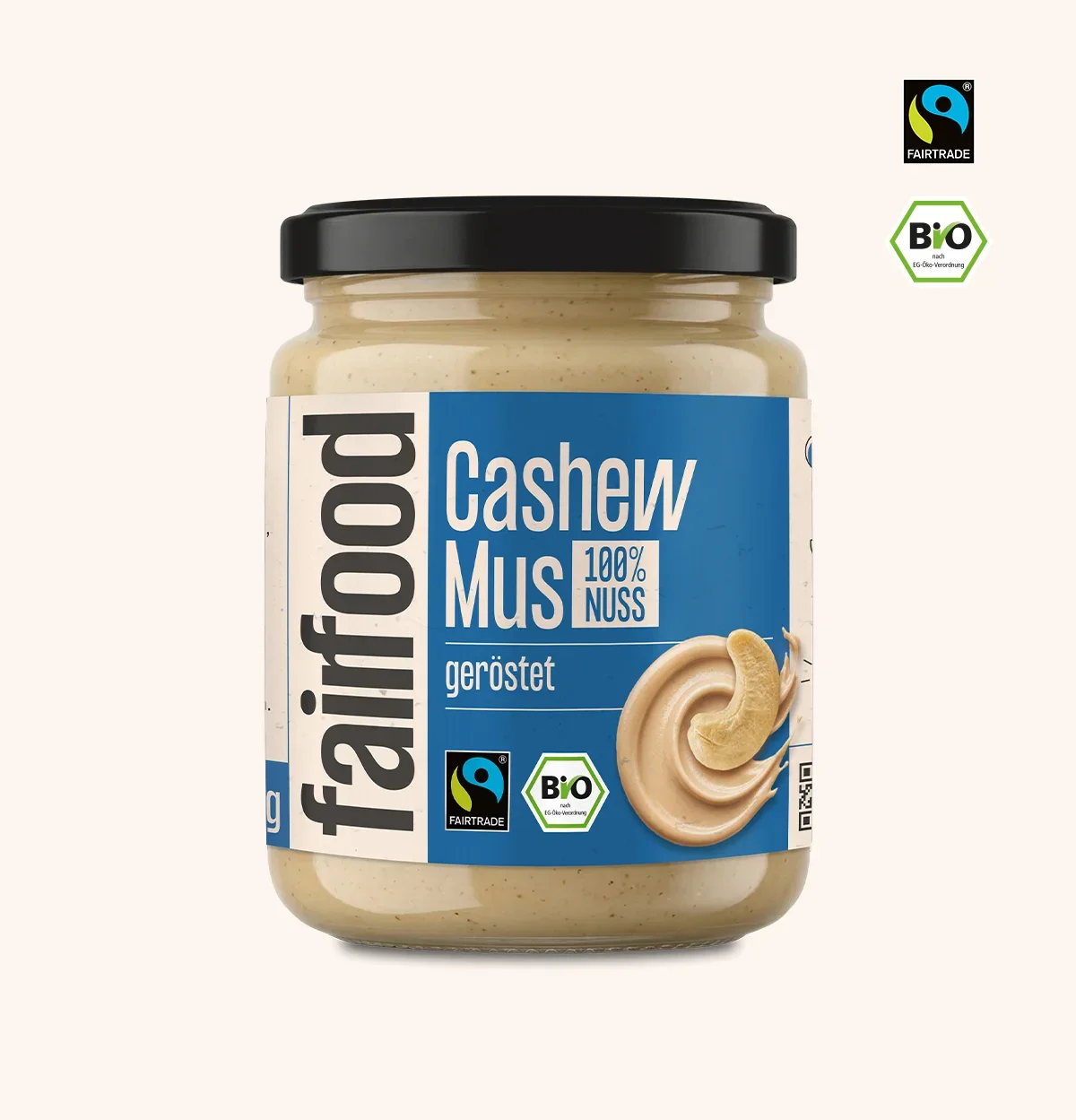 Cashewmus im Glas mit blauem Etikett