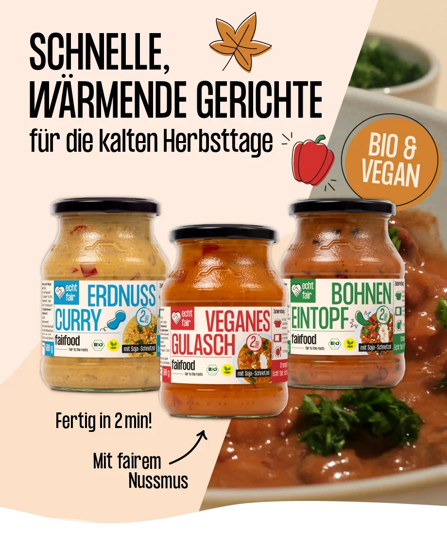 drei vegane Fertiggerichte vor beigem Hintergrund mit herbstlichen Details