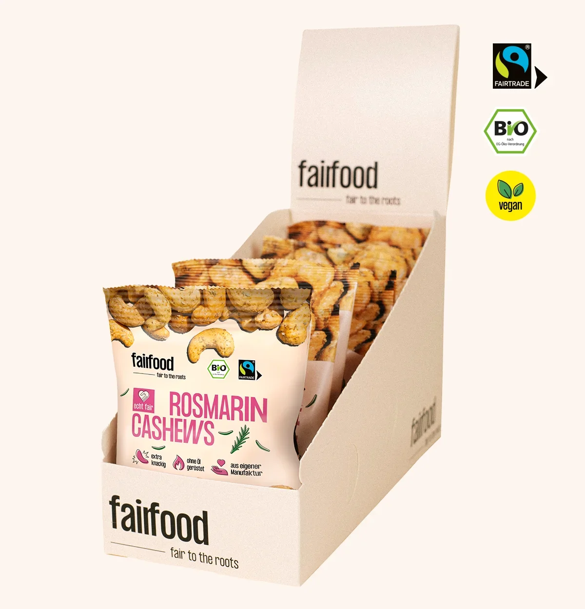 zehn kleine Beutel Rosmarin Cashews