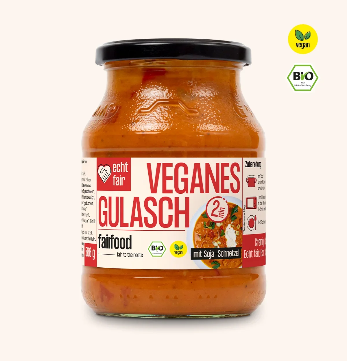 Pfandglas mit Fertiggericht Gulasch vegan