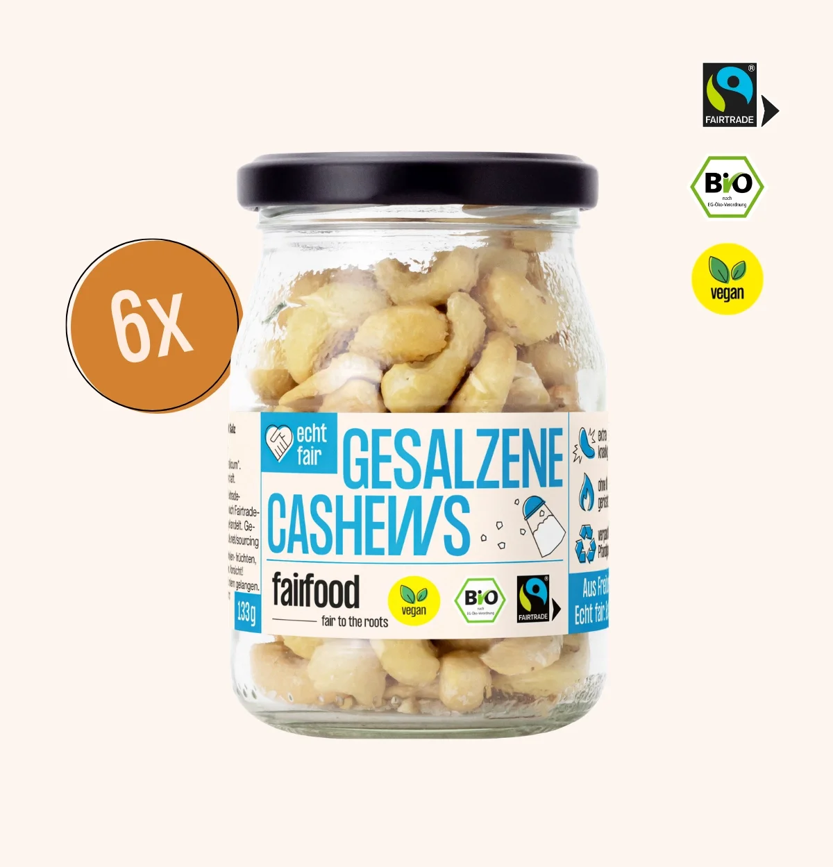 6x gesalzene Cashews im Pfandglas