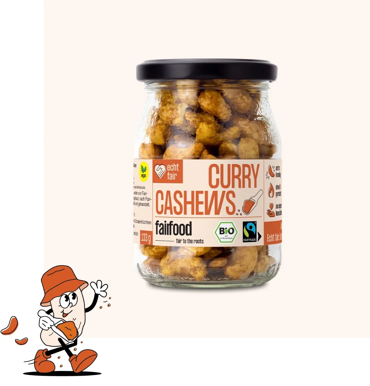 Glas Curry Cashew und illustriertes Cashew Maskottchen