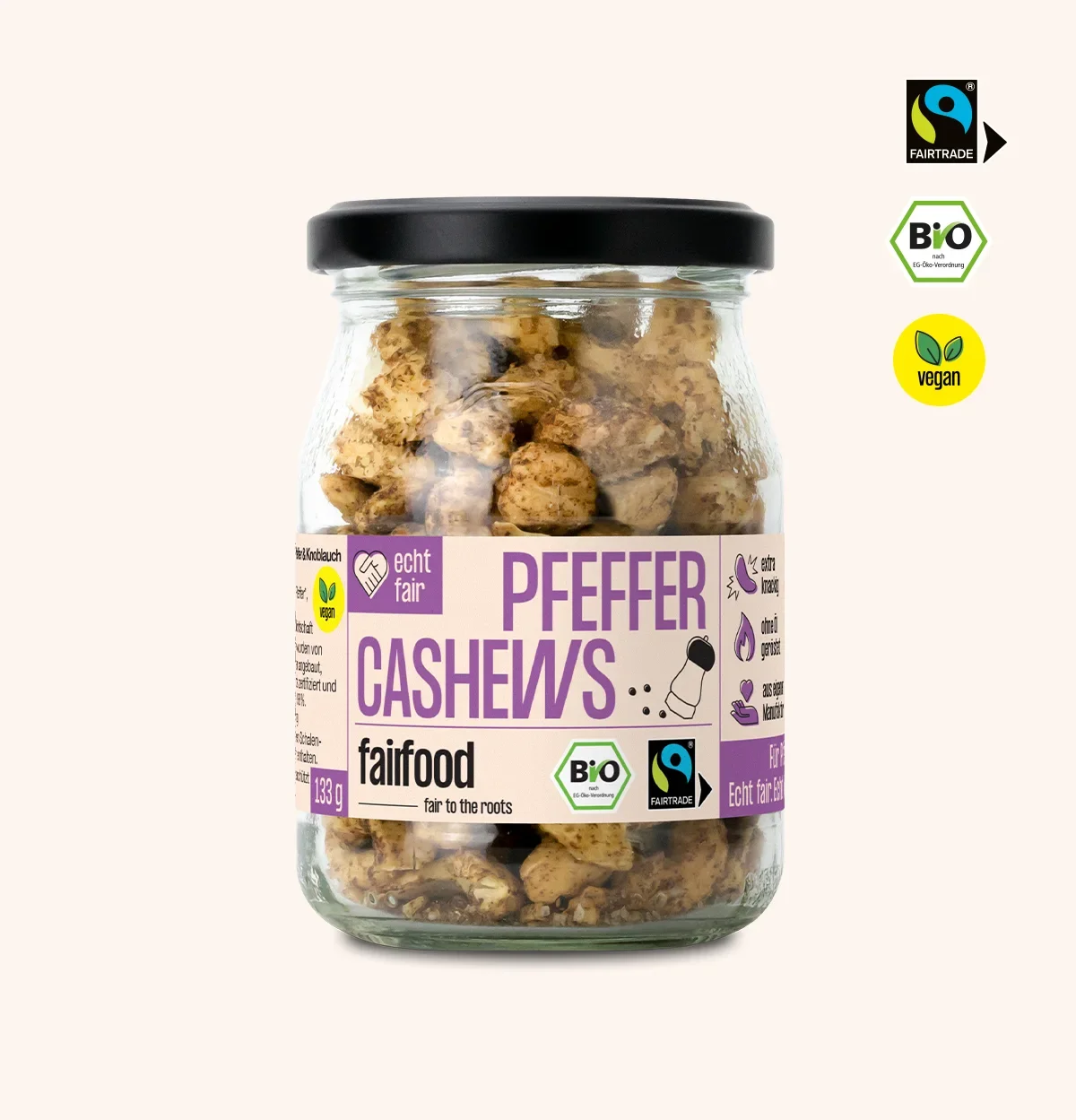 Bio Cashews Pfeffer & Knoblauch Fairtrade 133g Pfandglas Pfeffer Cashews