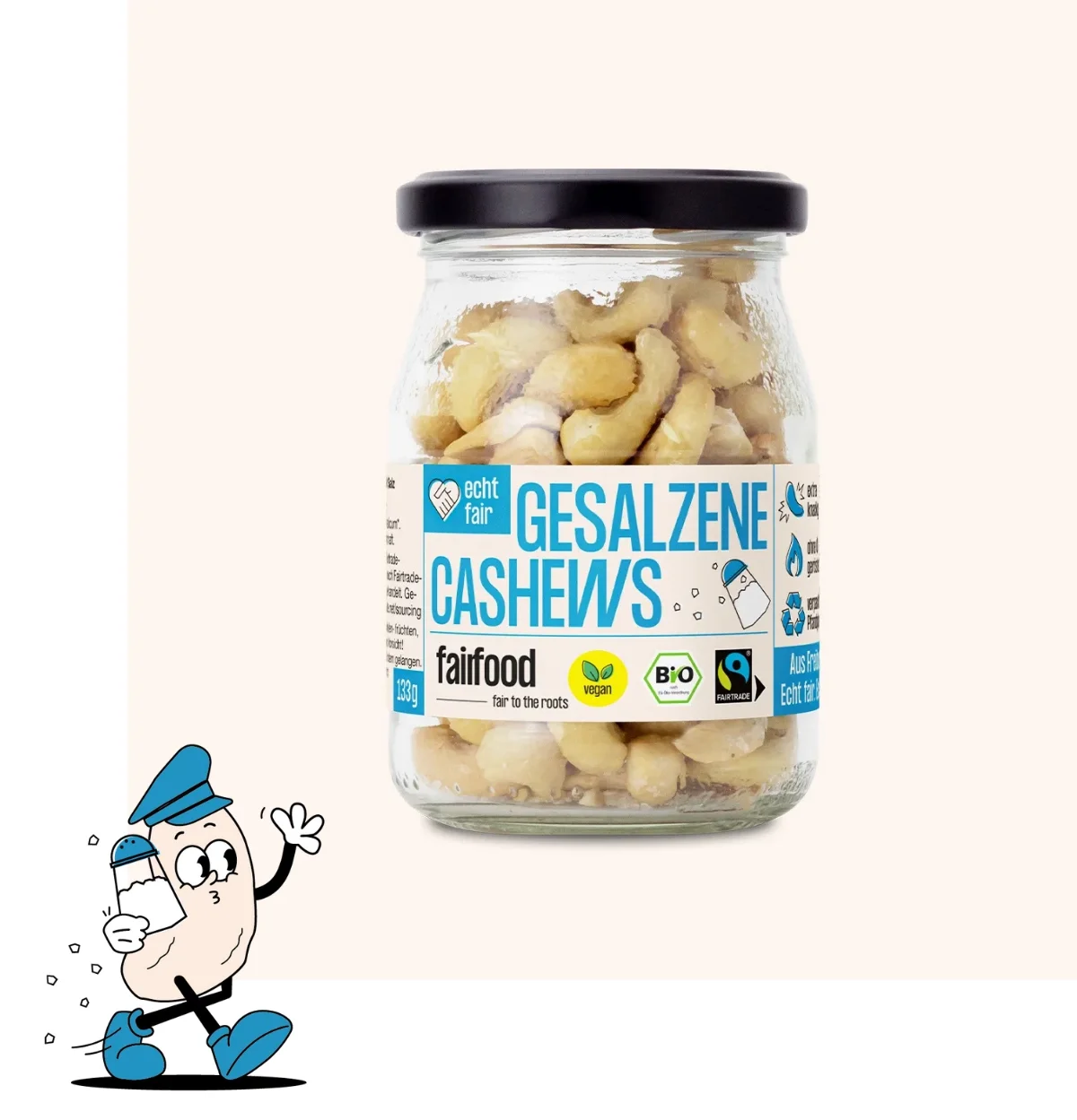 Glas Salz Cashew und illustriertes Cashew Maskottchen